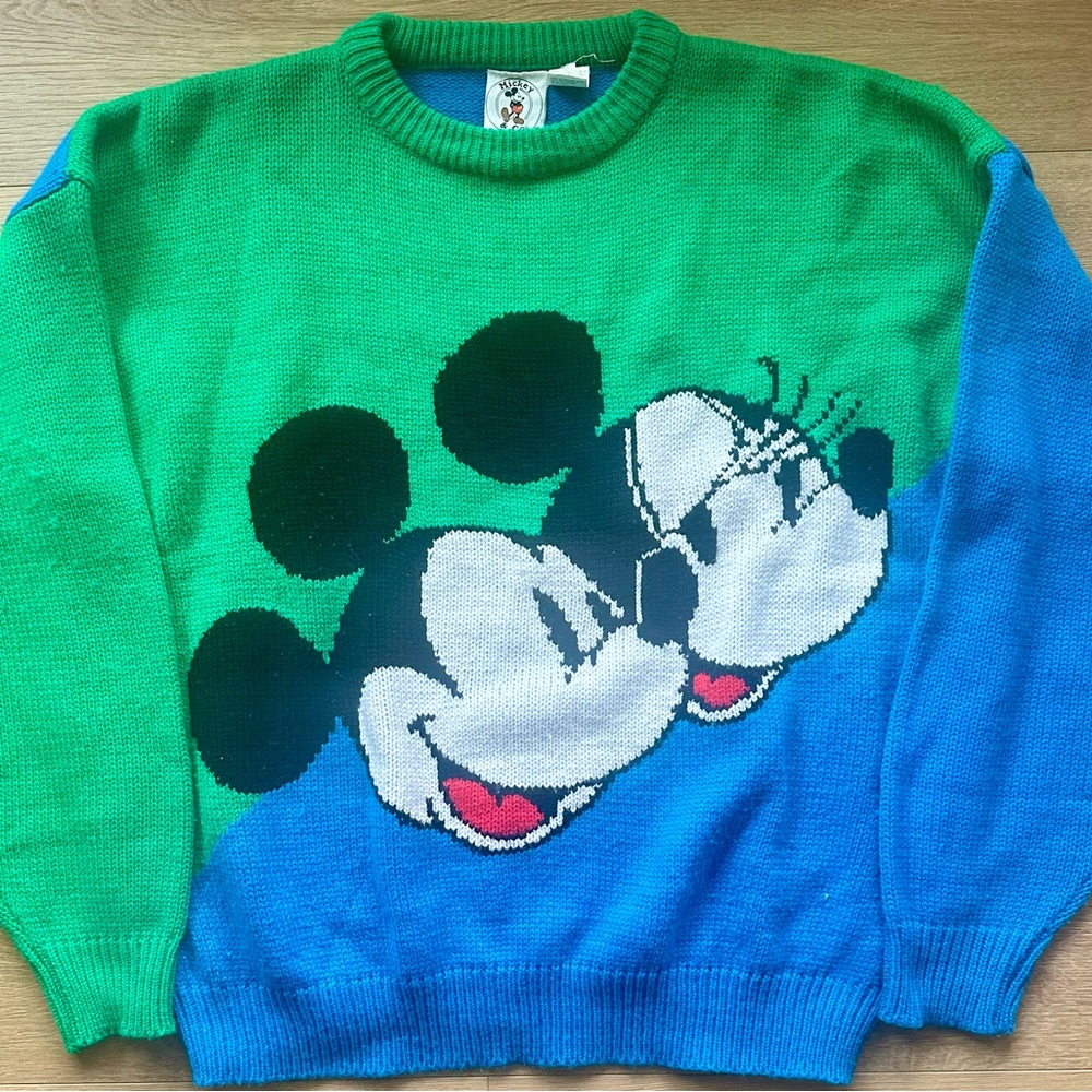 Vintage Disney Mickey Mouse Sweater XL Colorblock Green Blue Korea 100% Acrylic